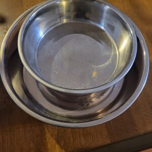 Pet Food bowls pink outside with brown paw prints & bone with Silver Interior